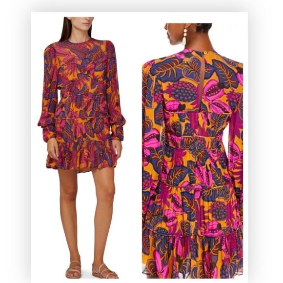 FARM RIO Pink Yellow Fruit Dream Long Sleeve Ruffle Pleated Mini Small $265 - Picture 1 of 14
